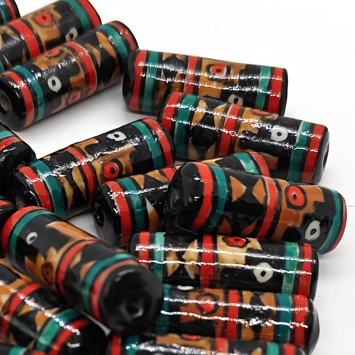 Brown Tribal Pattern Cylinder Ceramic Beads, 2pcs Set